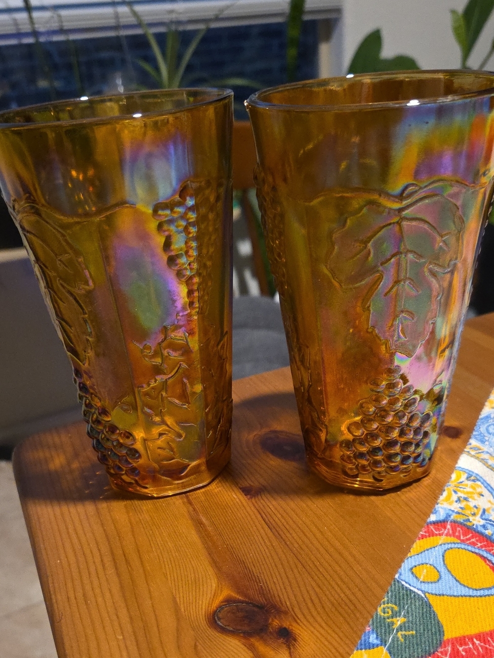 Iridescent Amber Carnival Glass  Pair of glasses with Harvest Grape Motif